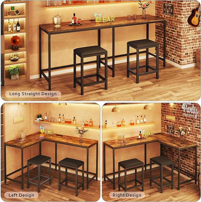 L Shaped Bar Table with Stools, 63‘’ Bar Height Table with Power Outlets, Convertible Corner Counter Height Bar Table with 2 Stools, Rectangular High Top Table for Small Spaces, Breakfast Nook, Rustic