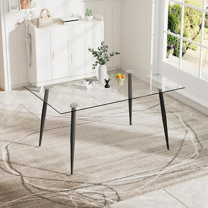 Baysitone Glass Dining Table for 4 with 51 inch Clear Rectangular Glass Top, 0.31" Modern Tempered Glass Kitchen Table Furniture with 4 Black Plating Metal Legs for Home Dining Room