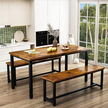 Recaceik Dining Table Set with Bench, 3 Pieces Dining Furniture Set Kitchen Table Set Sturdy Structure Space-Saving Dinette for Kitchen, Dining Room Breakfast Nook, Living Room, Rustic Brow