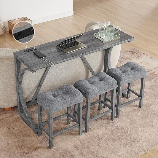 Merax 59 Inch Industrial Bar Table Set with Power Outlet, 3 Linen Upholstered Stools, Counter Height Table Set with 24 Inch Seat Height Stools for Kitchen, Living Room,Grey+Gray