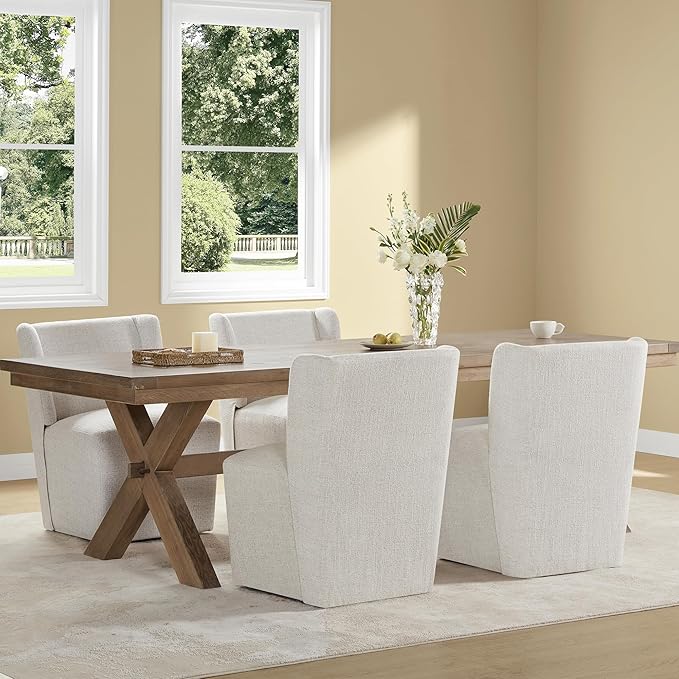 KISLOT Upholstered Dining Chairs Set of 1 with Casters, Wingback Modern Side Armless Deskchair with Rollers for Diningroom Bedroom Livingroom Reading Room, Linen Fabric