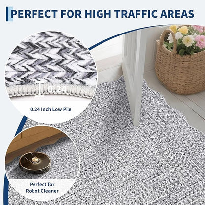 Imitation Braided Collection-Print 4x6 Rug Washable Area Rug Bedroom Rugs with Non Slip Rubber Backing, Farmhouse Soft Low Pile Rustic Accent Rug for Entrance Living Room Home Decor
