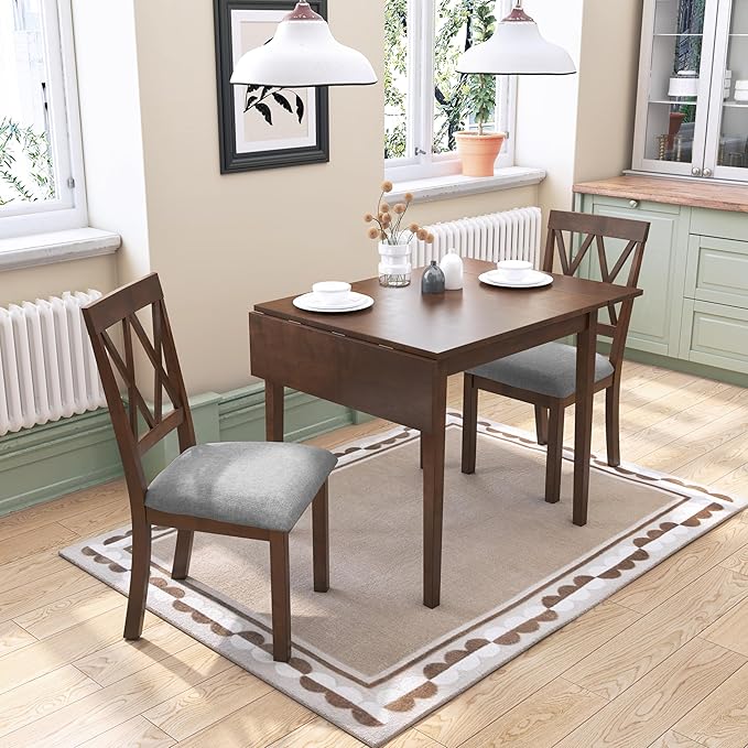 Ball & Cast 3-Piece Farmhouse Kitchen Island Drop Leaf Table-Chair Set, 29.57“/45.67" Folding Table w/ 2pcs Backrest Dining Chairs,Foldable Wooden Breakfast Set for Small Place,Space Saving, Brown