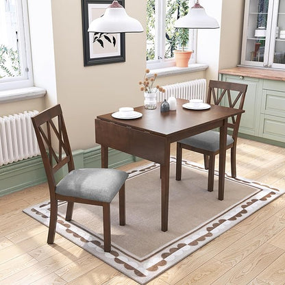 Ball & Cast 3-Piece Farmhouse Kitchen Island Drop Leaf Table-Chair Set, 29.57“/45.67" Folding Table w/ 2pcs Backrest Dining Chairs,Foldable Wooden Breakfast Set for Small Place,Space Saving, Brown