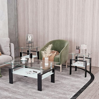 IANIYA 2PCS Modern Glass End Table, 2-Tier Side Table with Tempered Glass Top & Metal Legs, Night Stand Corner Table for Living Room, Bedroom