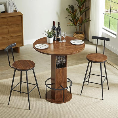 SOFTSEA 3 Pieces Round Bar Table and Chairs Set for 2, Metal Dining Table Set with Storage, Small Round Kitchen Table with 2 Chairs, Save Space, Walnut