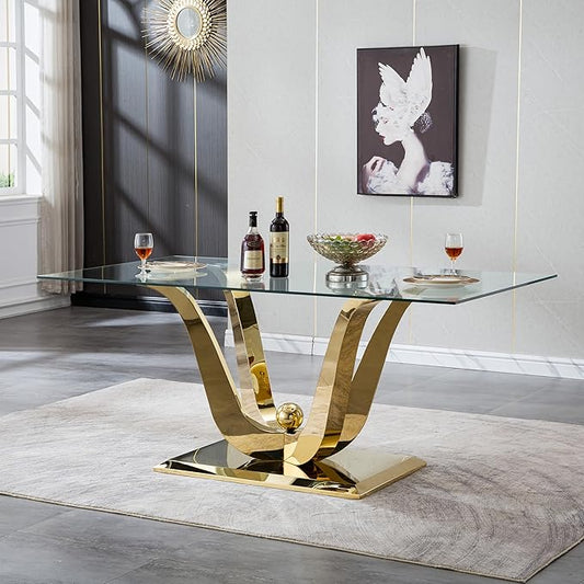 70" Glass Dining Table for 6-8, Modern Dining Room Table with 0.39" Tempered Glass Top and Dual U-Shaped Gold Stainless Steel Base, Rectangle Kitchen Dinner Table for Dining Room