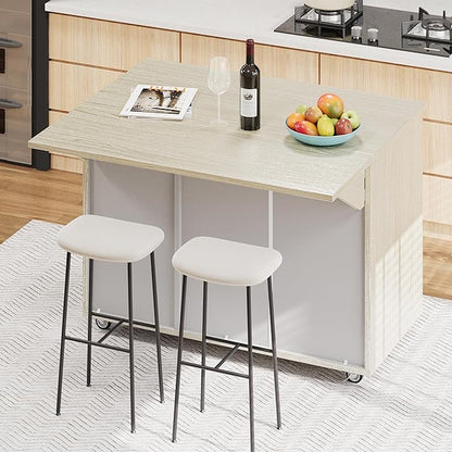 RUNNA 51.2" W Ash Veneer Solid Wood Handwoven Kitchen Island with Drop Leaf, Coastal Kitchen Island on Wheels with Internal Storage Rack, Rolling Kitchen Cart (Champagne#016)