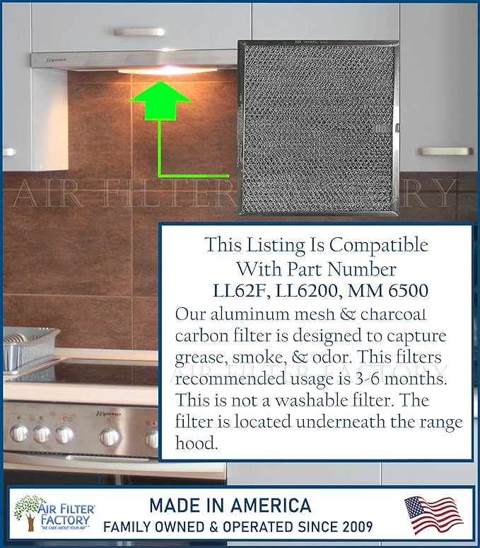 Air Filter Factory LL62F, LL6200, MM 6500 Compatible For Broan Nutone Aluminum Grease Mesh Charcoal Carbon Combo Range Hood Filter (Pack of 2)