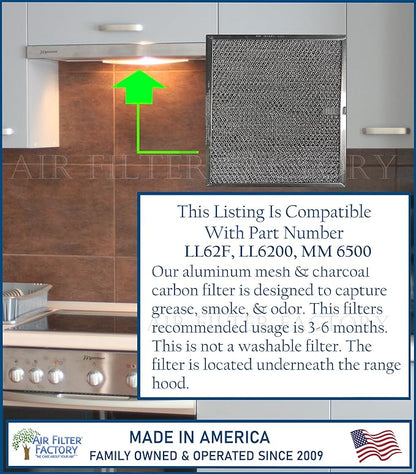 Air Filter Factory LL62F, LL6200, MM 6500 Compatible For Broan Nutone Aluminum Grease Mesh Charcoal Carbon Combo Range Hood Filter (Pack of 2)