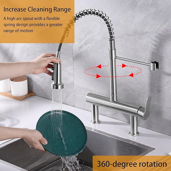8“ Center Bridge Faucet, Deck Mount Pre Rinse Faucet, with Pull Down Sprayer, High Arc Single Handle Spring Commercial Sink Faucet, Brushed Nickel
