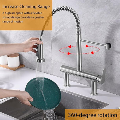 8“ Center Bridge Faucet, Deck Mount Pre Rinse Faucet, with Pull Down Sprayer, High Arc Single Handle Spring Commercial Sink Faucet, Brushed Nickel