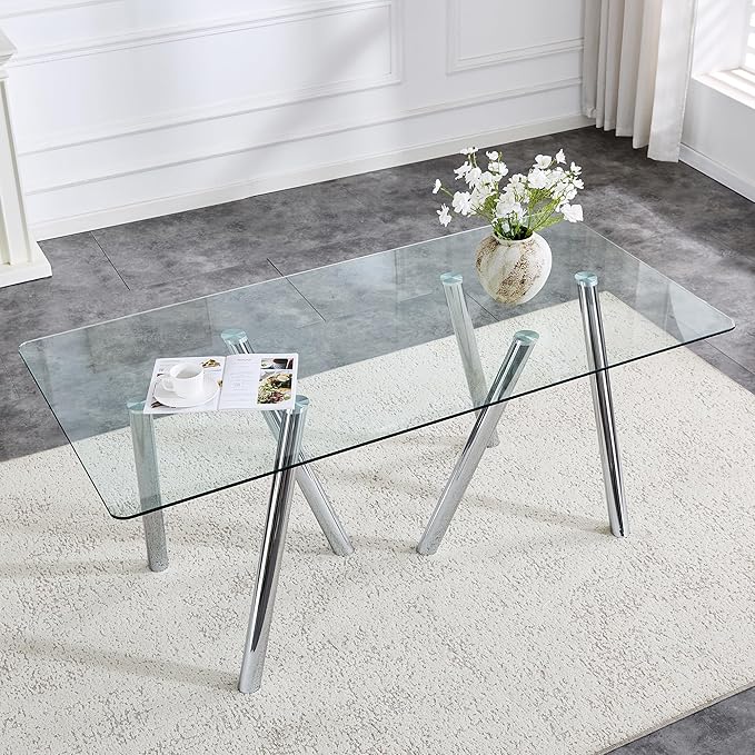 71" Glass Dining Table for 6-8, Modern Dining Room Table with 0.39" Tempered Glass Top and 6 Silver Metal Round Tube Legs, Rectangle Kitchen Dinner Table for Dining Room