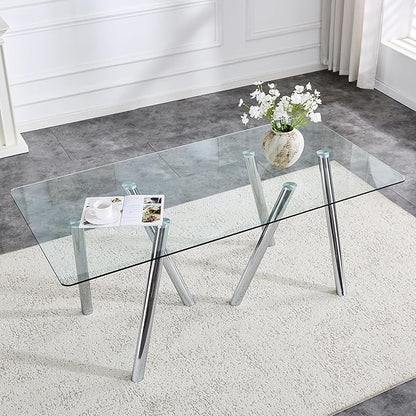 71" Glass Dining Table for 6-8, Modern Dining Room Table with 0.39" Tempered Glass Top and 6 Silver Metal Round Tube Legs, Rectangle Kitchen Dinner Table for Dining Room