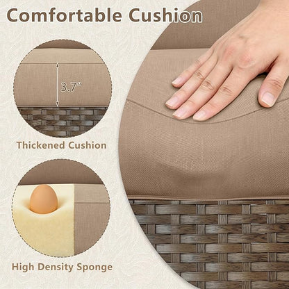 LOUVIXA 7 Piece Outdoor Patio Furniture Set, Rattan Chairs Glass Table Wicker Conversation Seating Sectional Sofa with Cushions (Brown-Camel, 7Pcs-2 Layer Coffee Table)