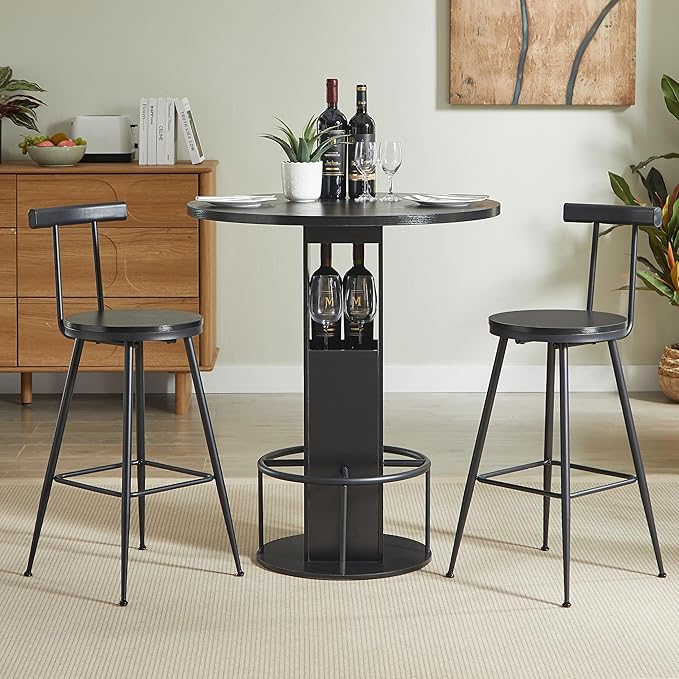 SOFTSEA 3 Pieces Round Bar Height Table and Chairs Set, Round Dining Table Set with Storage, Wood Pub Table and Chairs for Small Space, Black