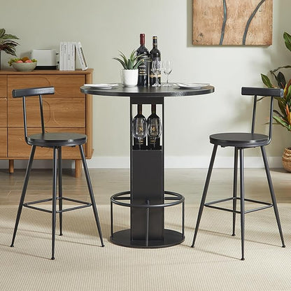 SOFTSEA 3 Pieces Round Bar Height Table and Chairs Set, Round Dining Table Set with Storage, Wood Pub Table and Chairs for Small Space, Black