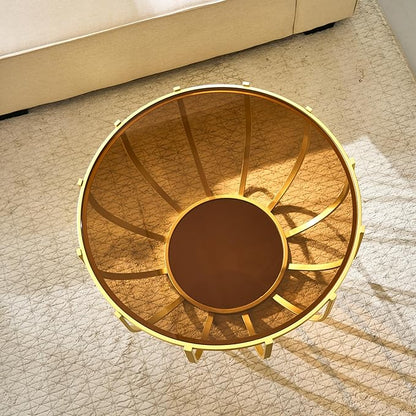 Saint Mossi 30" Glass Round Coffee Table for Living Room, Mid Century Modern 2-Tier Gold Drum Center Table, Brown Glass Top, Brown Mirror Shelf and Gold Frame, W30xH16.5