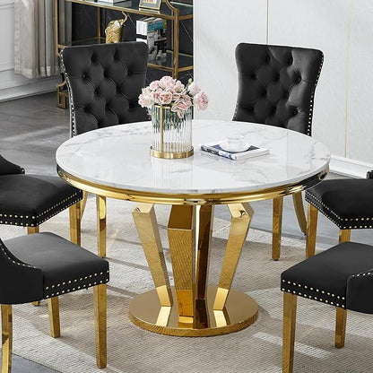 Round Marble Dining Table for 4 6，Modern 45" White Gold Kitchen Table with Faux Marble Top & Diamond Design Pedestal Base, American-Style Round Dining Room Dinner Table,Home Kitchen Furniture