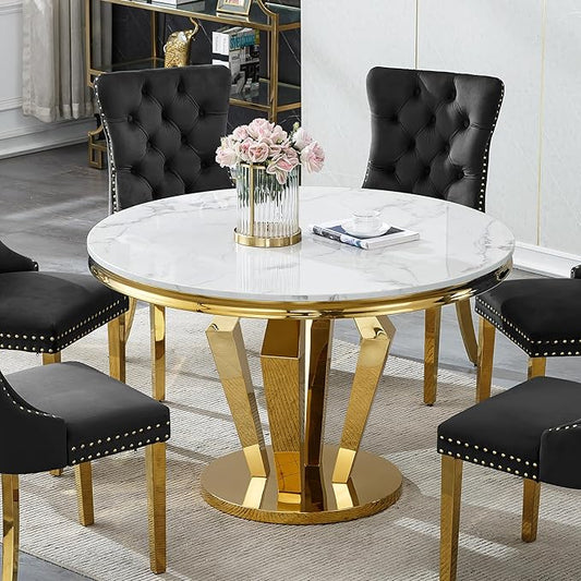Round Marble Dining Table for 4 6，Modern 45" White Gold Kitchen Table with Faux Marble Top & Diamond Design Pedestal Base, American-Style Round Dining Room Dinner Table,Home Kitchen Furniture