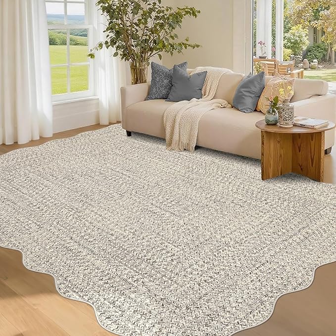 Imitation Braided Collection-Print Scalloped Washable Rugs 8x10 Area Rug for Living Room Soft Bedroom Rug Farmhouse Large Rug Non Slip Stain Resistant Carpet for Nursery Dining Room 8'x10'