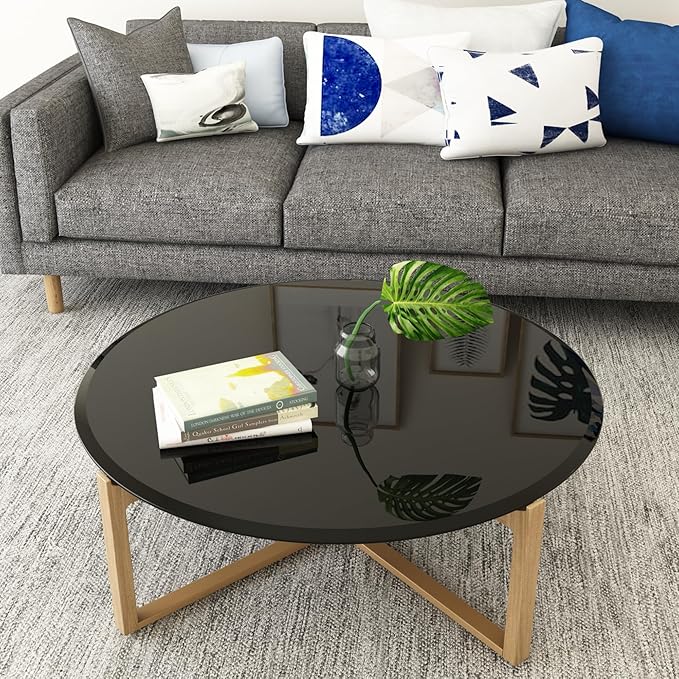 Tempered Glass Table Top Round Black Table Surface 3/8'' Thick Beveled Edge Multipurpose for Dining, Coffee, Restaurant and End Table (3/8" Thick - Beveled Edge, 38.6 inch-Black)
