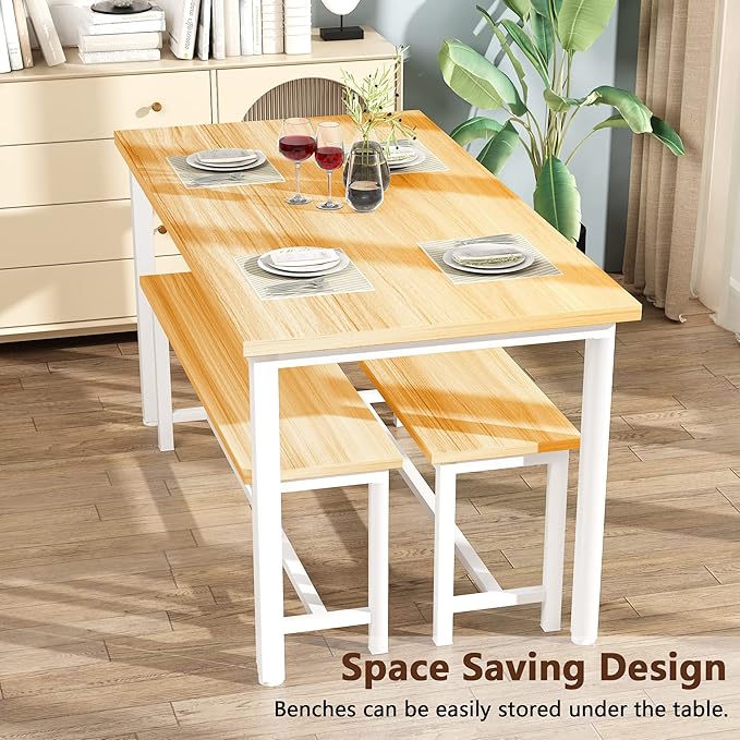 DKLGG Dining Table Set for 4, 47.2'' Kitchen Table with 2 Benches, 3 Piece Farmhouse Dining Room Table Set, Space-Saving Dinette for Kitchen, Dining Room, Apartment, Metal Frame & MDF Board