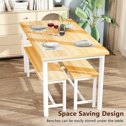 DKLGG Dining Table Set for 4, 47.2'' Kitchen Table with 2 Benches, 3 Piece Farmhouse Dining Room Table Set, Space-Saving Dinette for Kitchen, Dining Room, Apartment, Metal Frame & MDF Board