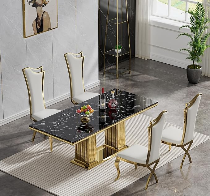 Henf Black Dining Table for 4 6, 68" Marble Dining Room Table with Gold Stainless Steel Double Pillar Base, Modern Kitchen & Dining Room Tables Rectangle Faux Marble Dinner Table for 4 6