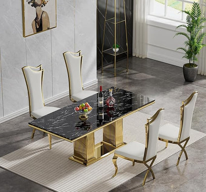 Henf Black Dining Table for 4 6, 68" Marble Dining Room Table with Gold Stainless Steel Double Pillar Base, Modern Kitchen & Dining Room Tables Rectangle Faux Marble Dinner Table for 4 6
