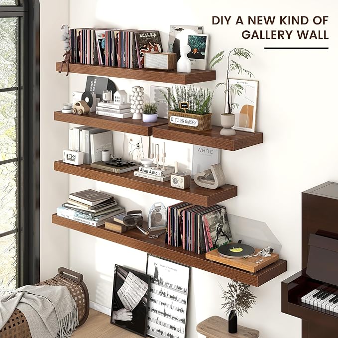 Venusmiles Floating Shelves for Wall, 24 Inch Wide x 12 Inch Deep Floating Shelves, Long Wood Floating Wall Shelf Shelves for Living Room Bathroom Bedroom Kitchen Home - (Walnut, 24" W x 12" D x 2" H)