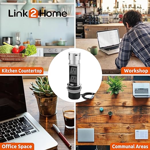 Link2Home 2 Pack Space Saver Pop Up Outlet Station with USB, 2 Power Outlets 15A, 2 USB Ports 2.4A Fast Charge Splash Resistant, Stainless-Steel Finish, for Kitchen Island, Office Table and Workshop