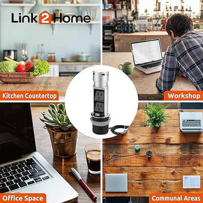 Link2Home Space Saver Pop Up-Outlet, 2 Power Outlets, 2 USB Ports 2.4 Amp, Overload Protection, Splash Resistant EM-PU-200E