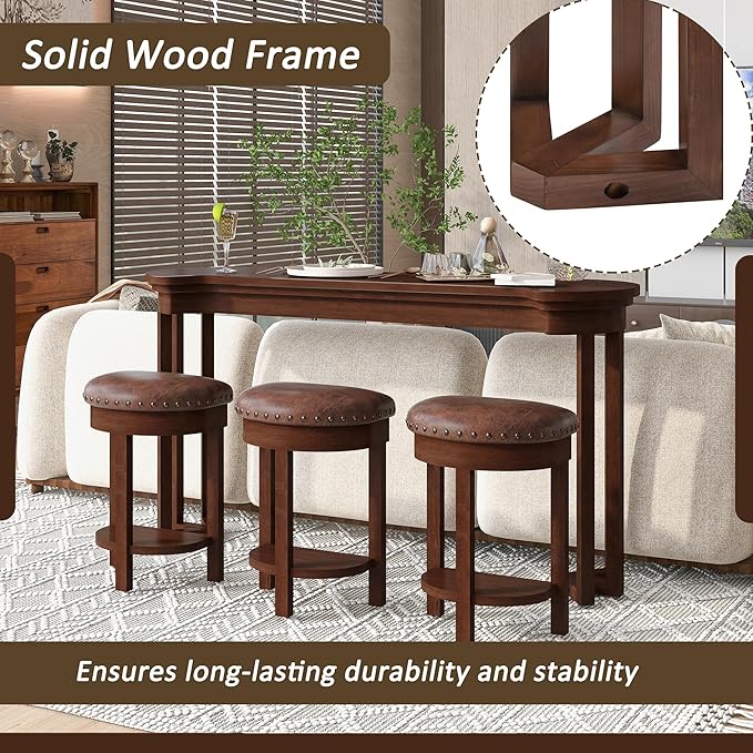 Bar Table and Chairs Set of 4 with 3 PU Upholstered Bar Stools, Breakfast Bar Table, Solid Wood Bar Height Dining Table Set, for Kitchen, Living Room, Party Room, Small Space (Cherry)
