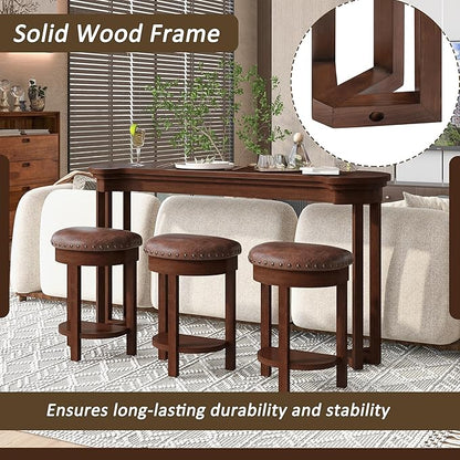 Bar Table and Chairs Set of 4 with 3 PU Upholstered Bar Stools, Breakfast Bar Table, Solid Wood Bar Height Dining Table Set, for Kitchen, Living Room, Party Room, Small Space (Cherry)