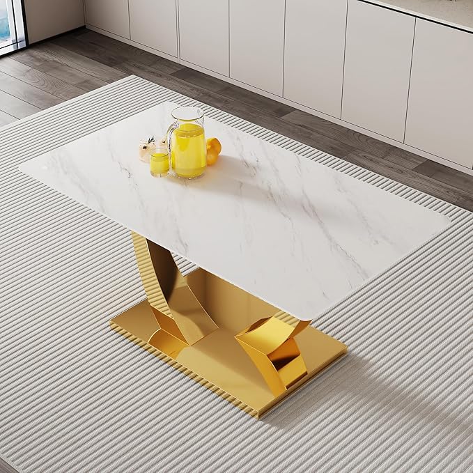 AZmac 63'' White Dining Table, Faux Marble Dining Room Table for 4-6, Tempered Glass Dinner Table with Gold U Shaped Legs for Kitchen Dining Room