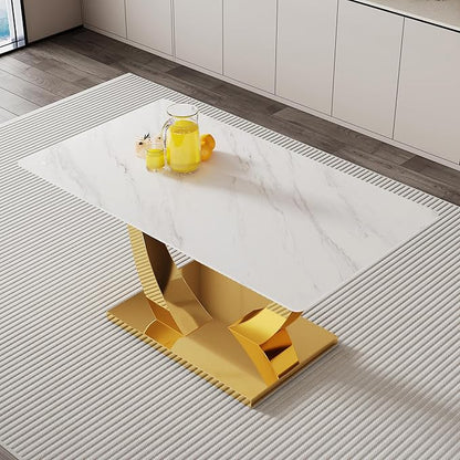 AZmac 63'' White Dining Table, Faux Marble Dining Room Table for 4-6, Tempered Glass Dinner Table with Gold U Shaped Legs for Kitchen Dining Room