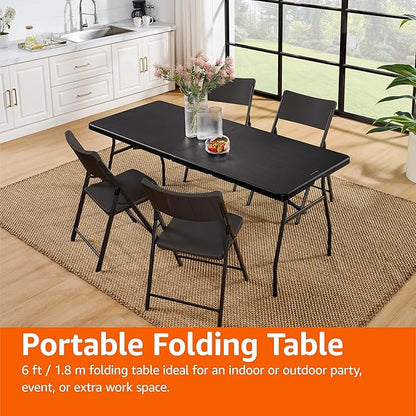 Amazon Basics Heavy Duty Portable Folding Table, 6 ft, Indoor & Outdoor, Fold-in-Half Design with Carrying Handle, for Events, Easy Folding and Storage, Black | Portable, Heavy Duty, Indoor & Outdoor, with Carrying Handle