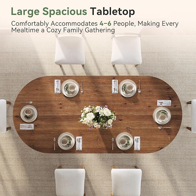 Solid Wood Oval Dining Table for 4-6, 63-Inch Wooden Farmhouse Kitchen Table with Sturdy Tapered Legs for Living Room, Dining Room,Office (Rustic Brown)