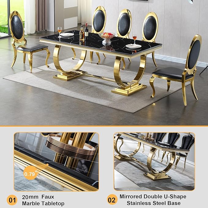 Black Marble Dining Table for 4 6, 70" Dining Room Table with Gold Stainless Steel Frame, Modern Kitchen & Dining Room Tables Rectangle Faux Marble Dinning Dinner Table for 4 6