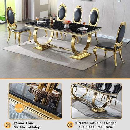 Black Marble Dining Table for 4 6, 70" Dining Room Table with Gold Stainless Steel Frame, Modern Kitchen & Dining Room Tables Rectangle Faux Marble Dinning Dinner Table for 4 6