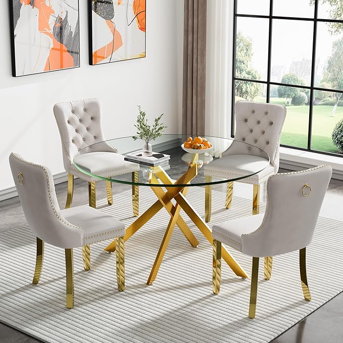 SSLine 47.25'' Round Glass Dining Table,Modern Kitchen Table for 2-6 People,Dining Room Table with Tempered Glass Top and Metal Legs,Leisure Tea Coffee Table for Living Room,Dining Room