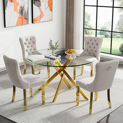 SSLine 47.25'' Round Glass Dining Table,Modern Kitchen Table for 2-6 People,Dining Room Table with Tempered Glass Top and Metal Legs,Leisure Tea Coffee Table for Living Room,Dining Room