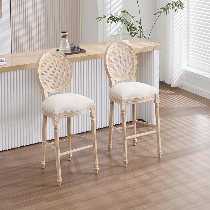 French Country Bar Chairs Set of 2, 30 Inch Upholstered Counter Stools with Natural Rattan Round Back, Solid Wood Frame & Cotton Linen for Kitchen Island, Dining Room, Bistro, Beige