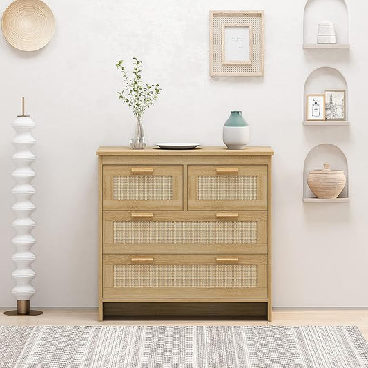 GDFStudio 31.5" Rattan Storage Cabinet with 4 Drawers, Modern Farmhouse Sideboard Buffet Cabinet, Wood Credenza Console Table for Living Room Dining Room Kitchen Hallway, Easy Assembly, Natural