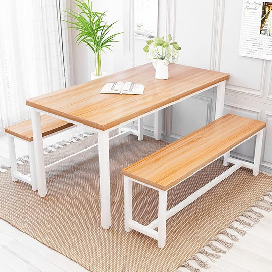 Recaceik Dining Table Set with Bench, 3 Pieces Dining Furniture Set Kitchen Table Set Sturdy Structure Space-Saving Dinette for Kitchen, Dining Room Breakfast Nook, Living Room, Beige