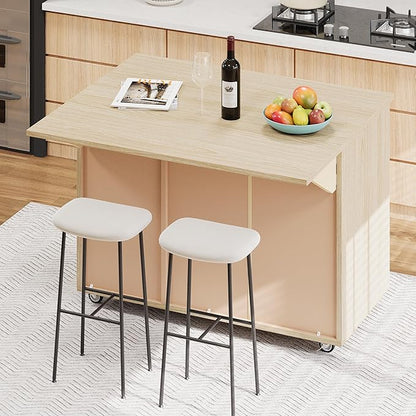 RUNNA 51.2" W Ash Veneer Solid Wood Handwoven Kitchen Island with Drop Leaf, Coastal Kitchen Island on Wheels with Internal Storage Rack, Rolling Kitchen Cart (Natural Wood#016)