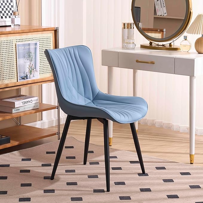 Kidol & Shellder Dining Chairs Set of 2, Mid Century Modern Kitchen Chairs with Black Metel Legs, PU Leather Upholstered Side Chair for Dining Room, Living Room, Lounge, Restaurant, Blue