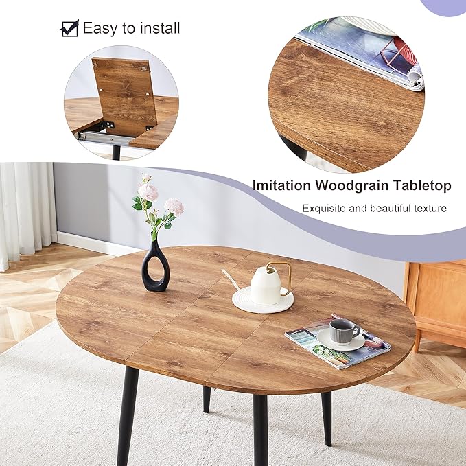 Extendable Round Dining Table Set with 4 Chairs, Telescopic MDF Table with Light Gray and Brown PU Cushion Seats, Adjustable for Different Size Gatherings in Kitchen and Dining Room