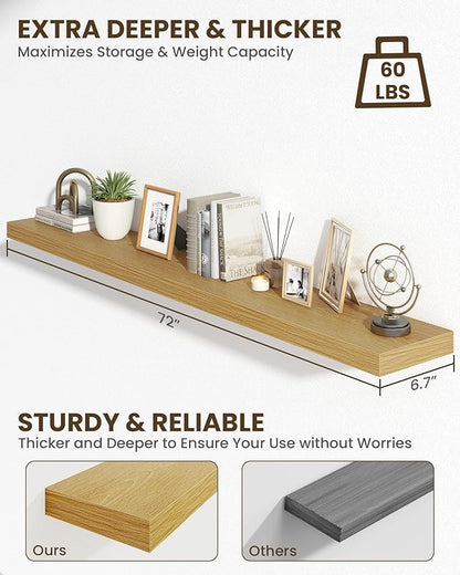 Marsmiles 72" Floating Shelves for Wall, Wooden Shelves with Invisible Brackets Set of 2, Rustic Farmhouse Wall Mounted Shelf for Kitchen Bathroom Living Room Study, Natural Oak